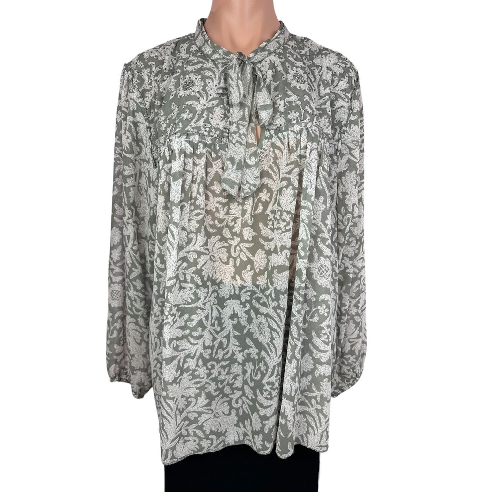 Lucky Brand Size 2X Pullover Blouse 3/4 Sleeve Elastic Cuff Gray&White Polyester